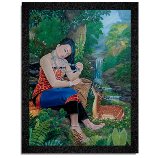 A traditional framed wall art painting of an Indian girl and a deer by DSF Wall Art.