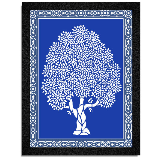 A framed blue Warli Art painting of a tree by DSF Wall Art.