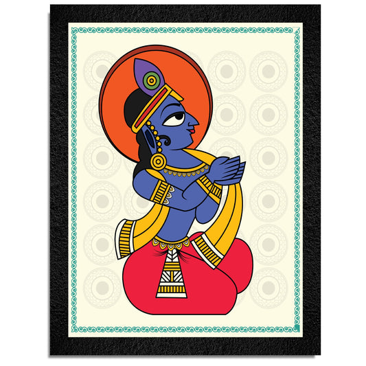A traditional framed painting of a seated Lord Krishna by DSF Wall Art.