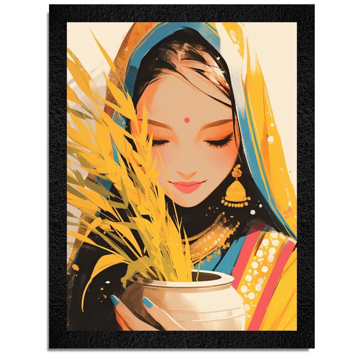 A vibrant Indian girl abstract framed wall art by DSF Wall Art.