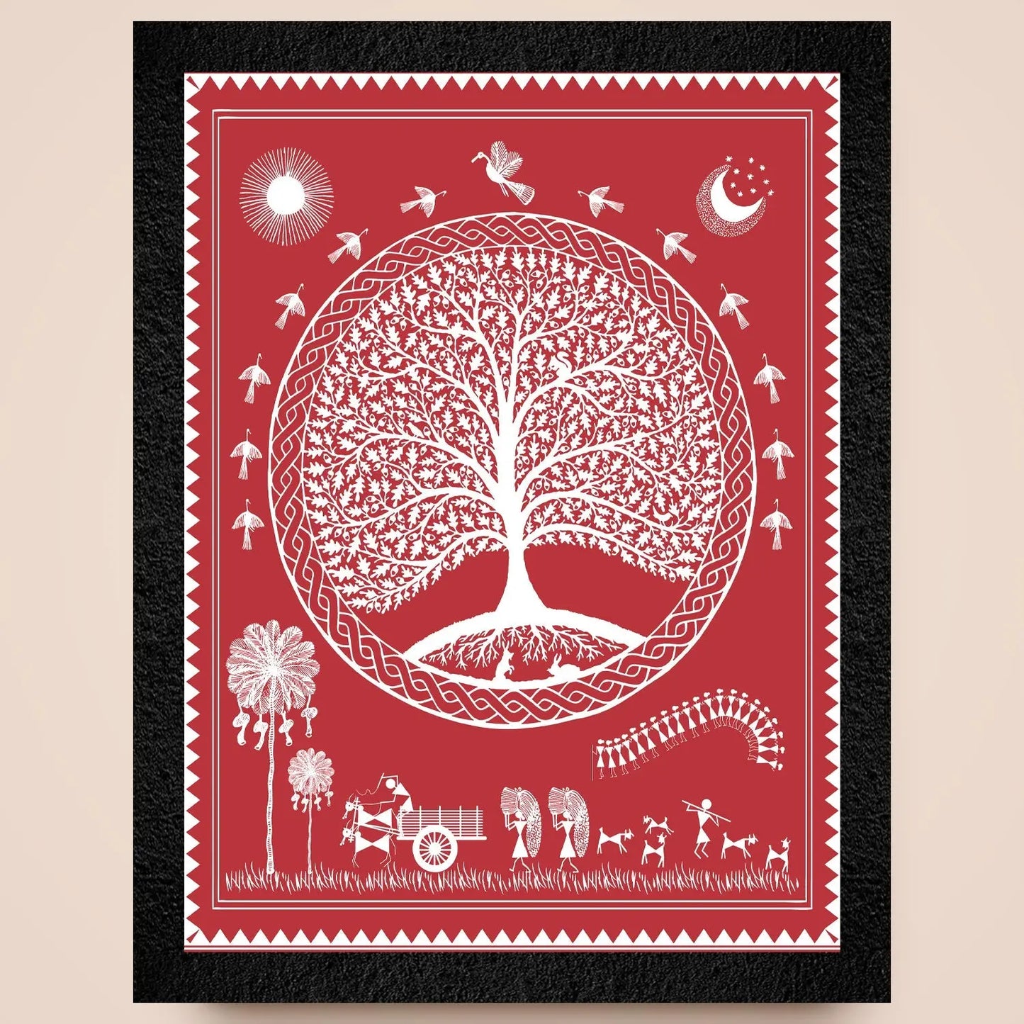 A traditional Warli Art framed wall painting by DSF Wall Art.