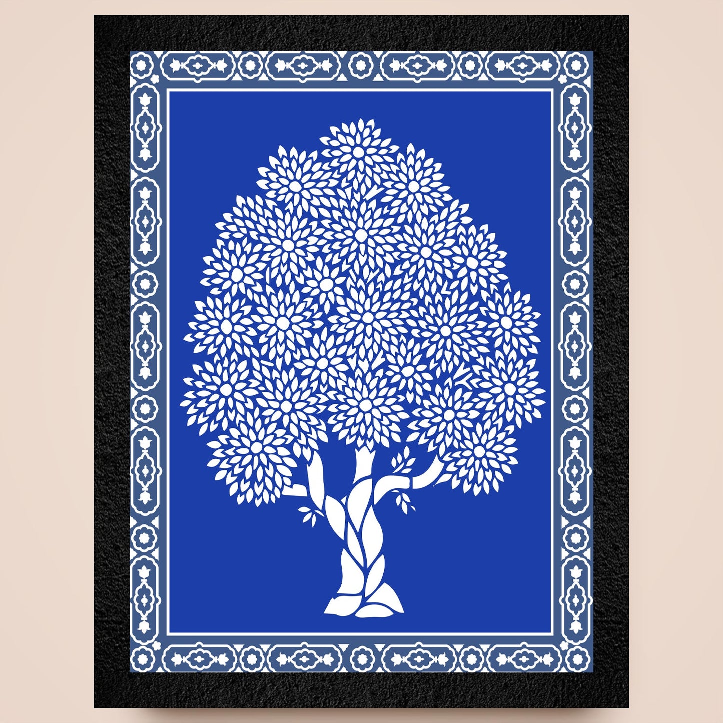 A framed blue Warli Art painting of a tree by DSF Wall Art.