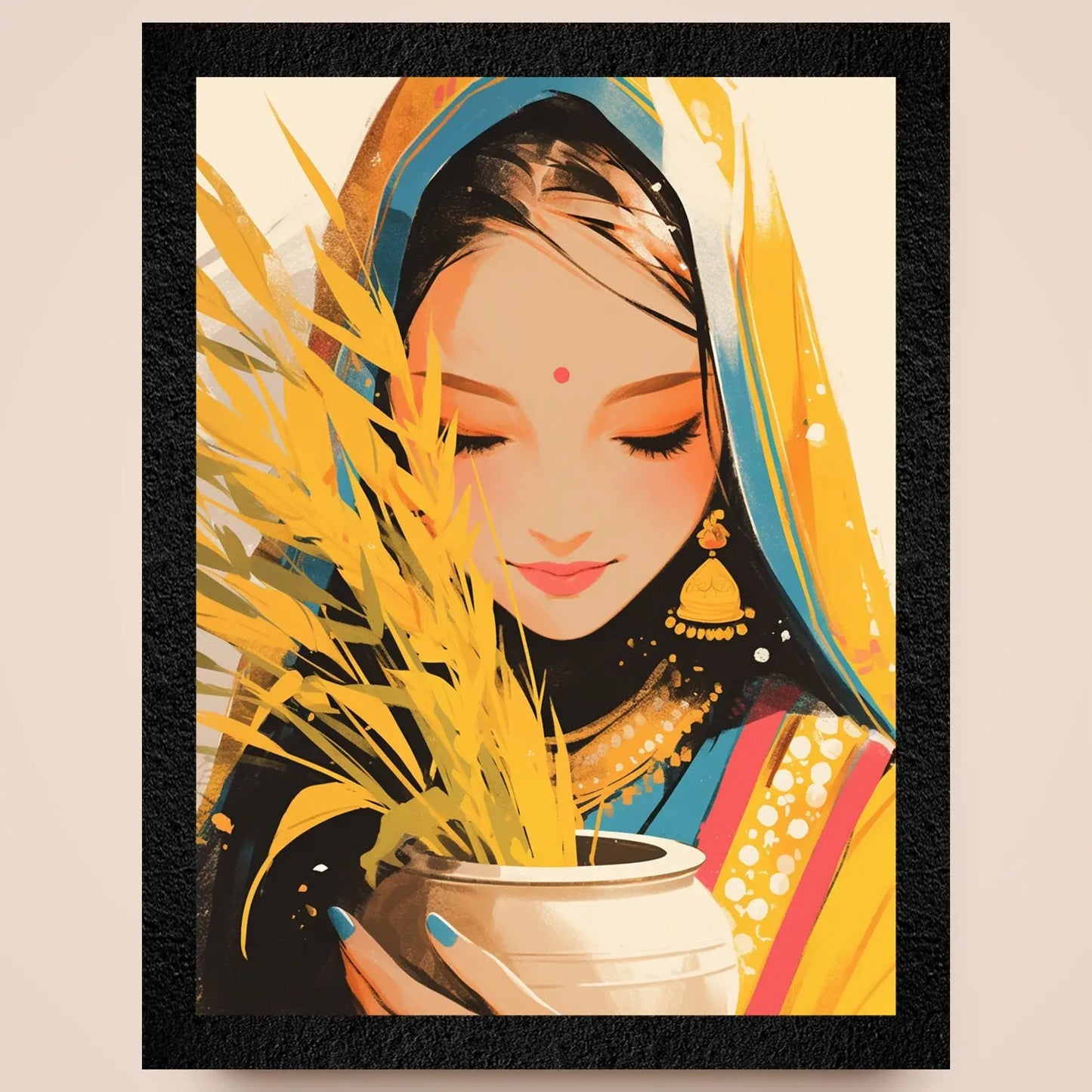 A vibrant Indian girl abstract framed wall art by DSF Wall Art.