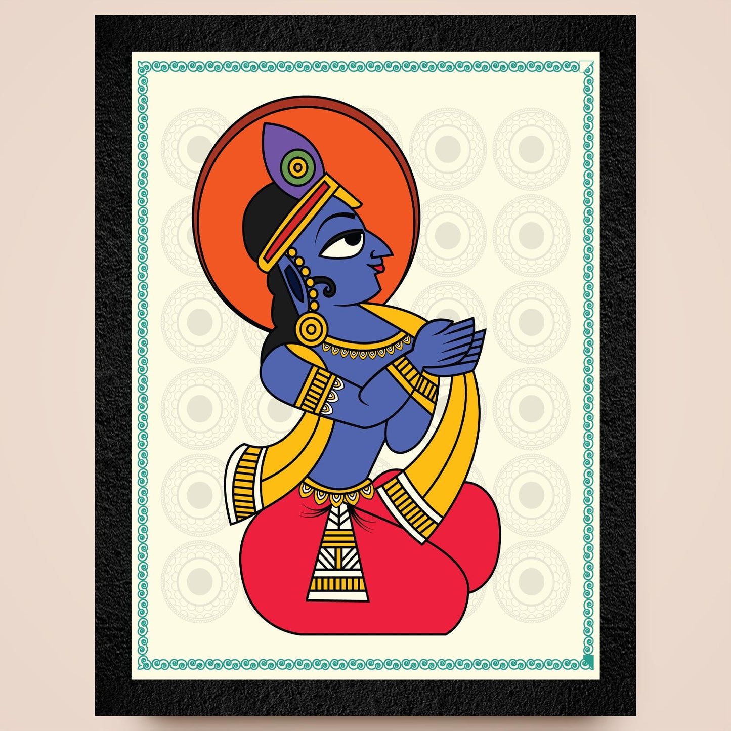 A traditional framed painting of a seated Lord Krishna by DSF Wall Art.