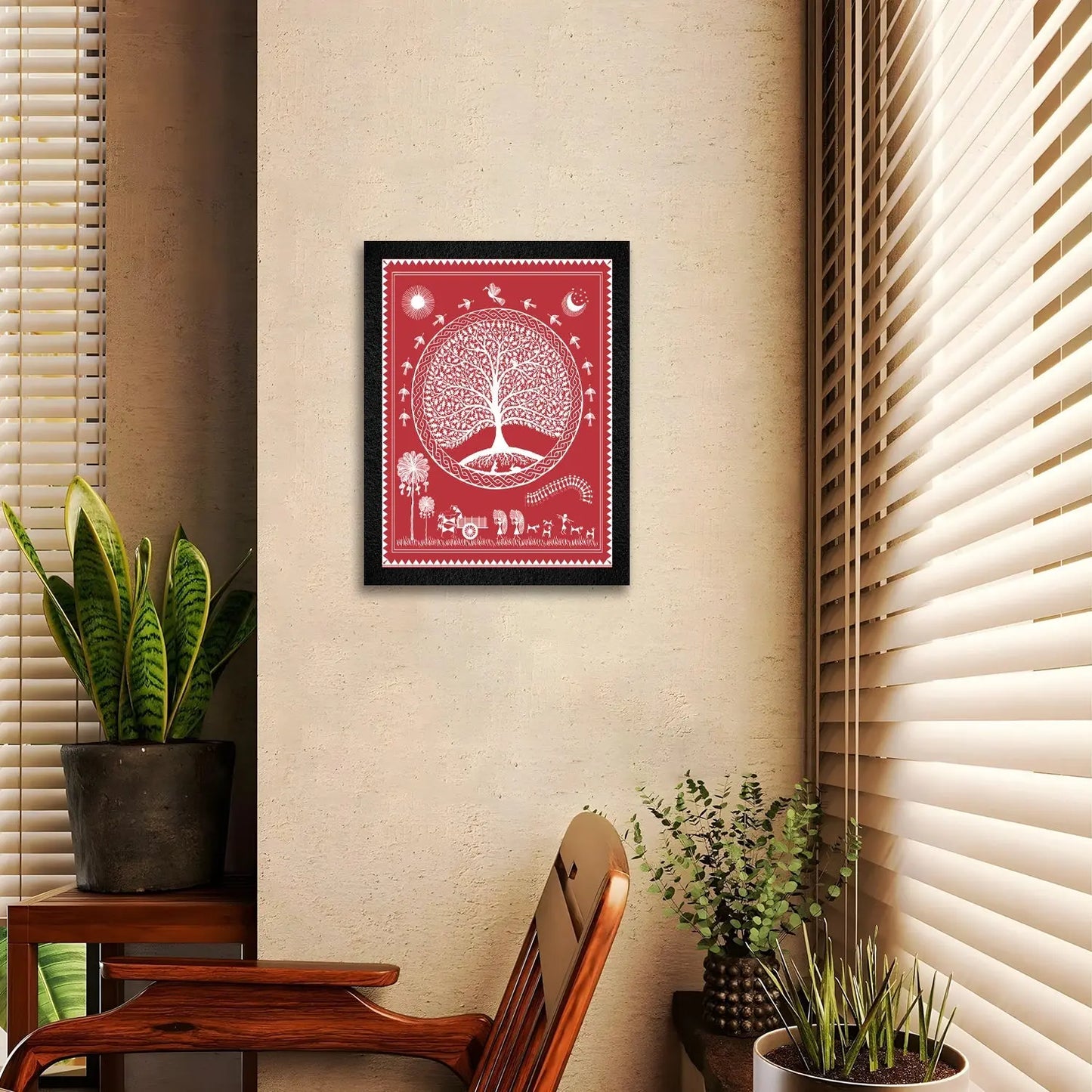 A traditional Warli Art framed wall painting by DSF Wall Art.