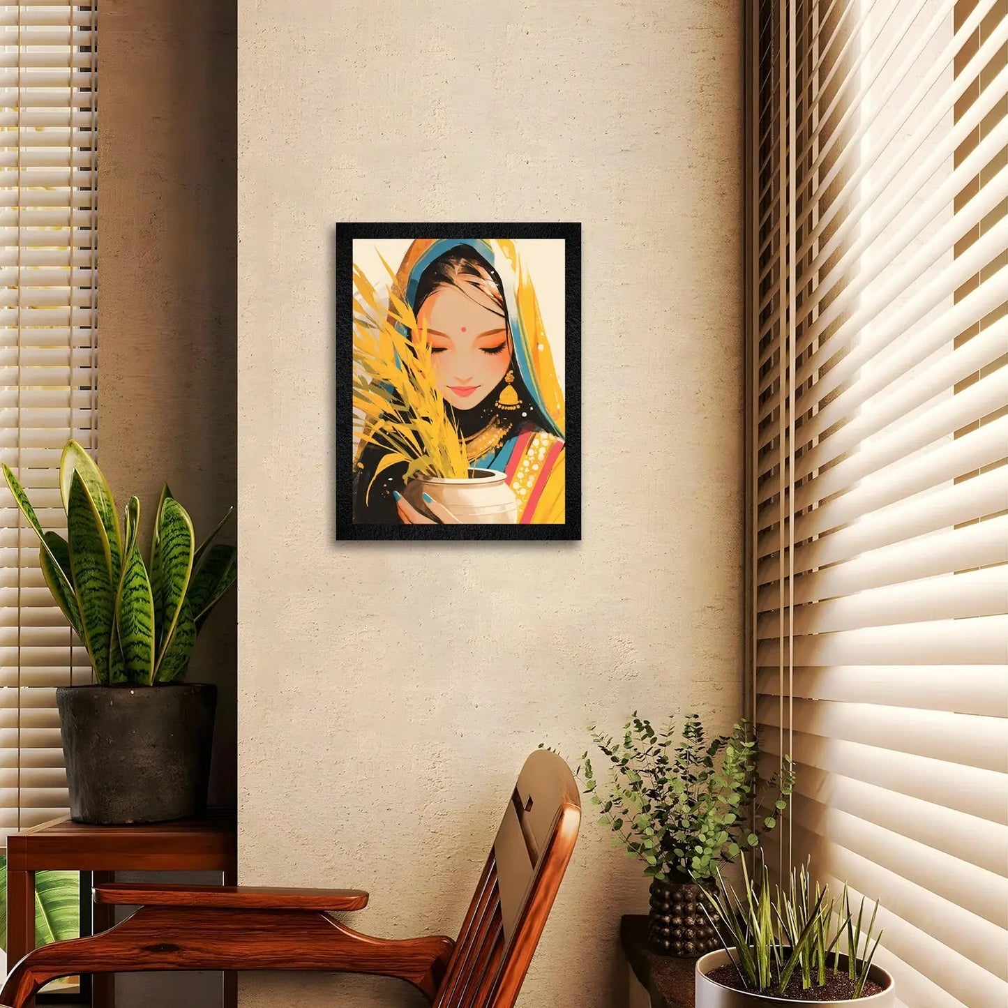 A vibrant Indian girl abstract framed wall art by DSF Wall Art.