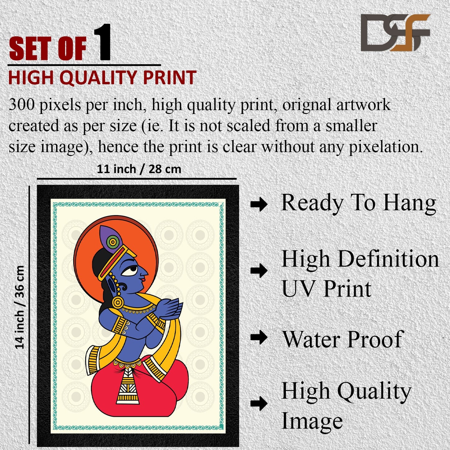 A traditional framed painting of a seated Lord Krishna by DSF Wall Art.