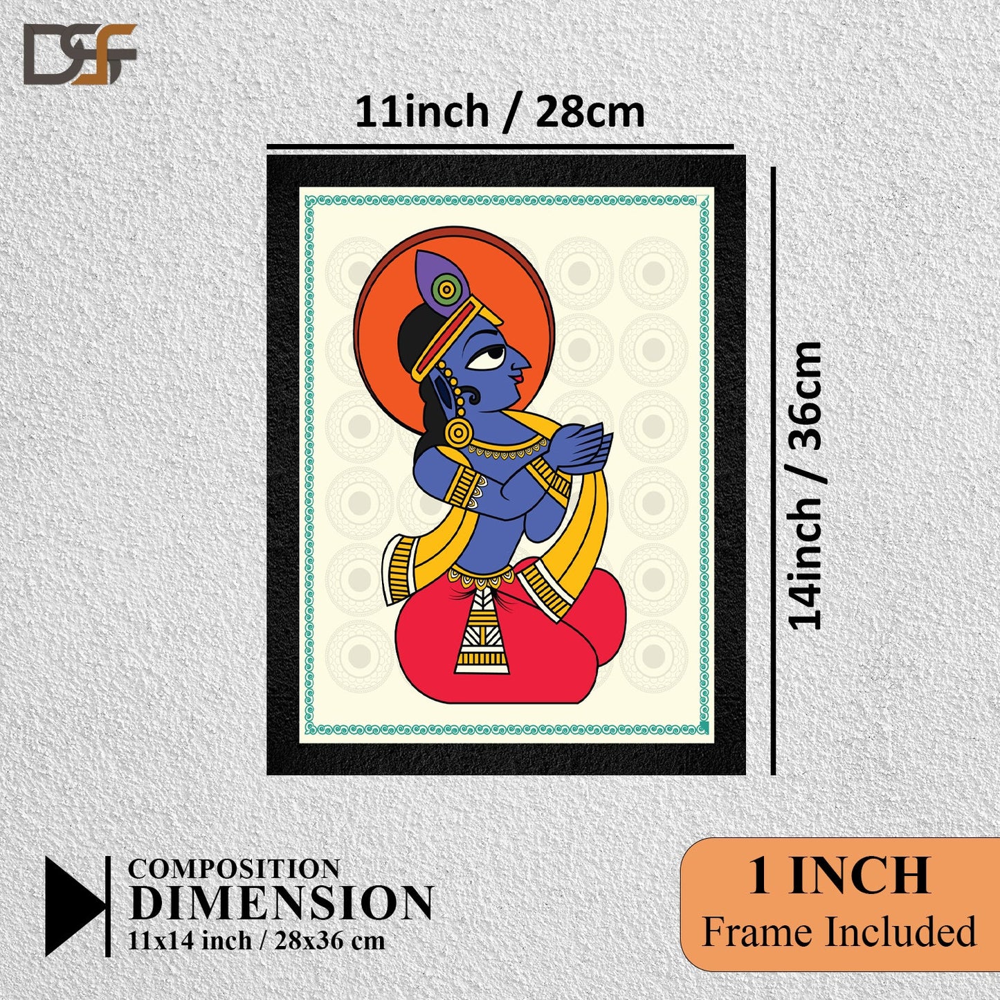 A traditional framed painting of a seated Lord Krishna by DSF Wall Art.