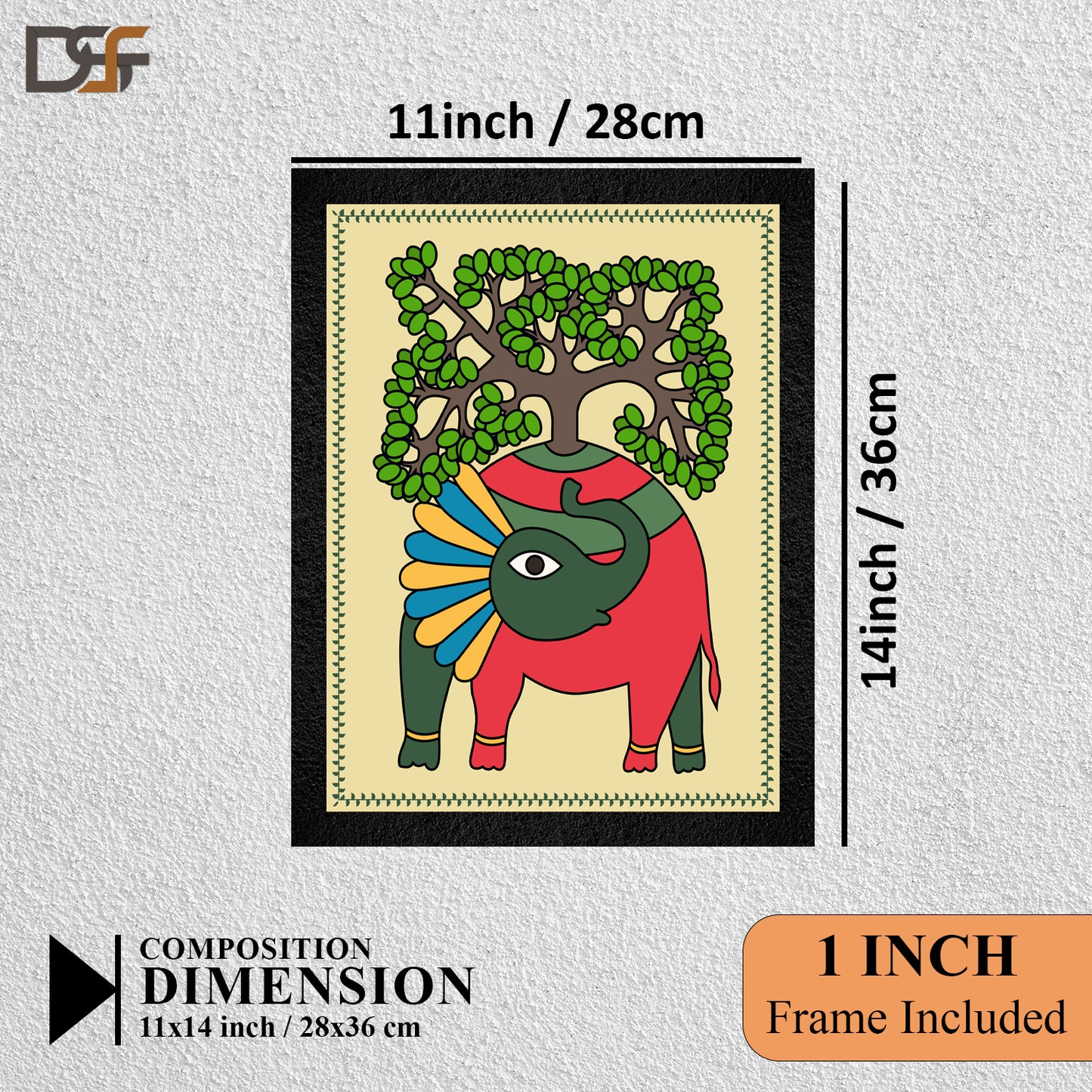 Artistic depiction of an elephant with a tree on its head, framed dimensions shown.