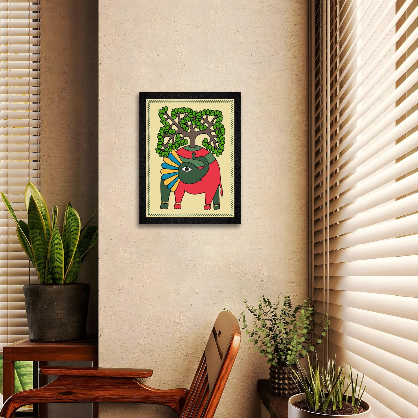 Living room with framed artwork and decor elements, featuring text about decor for home and office.