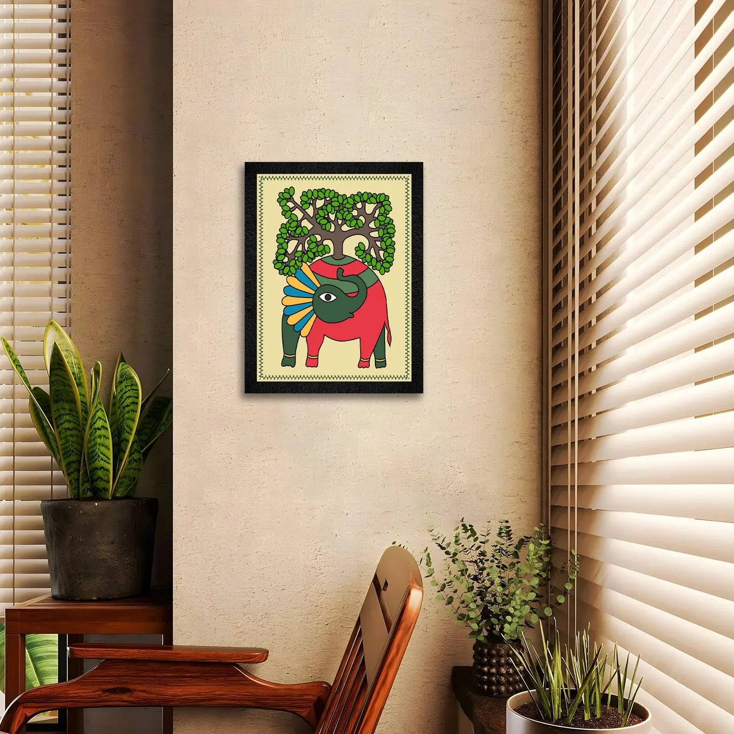 Living room with framed artwork and decor elements, featuring text about decor for home and office.
