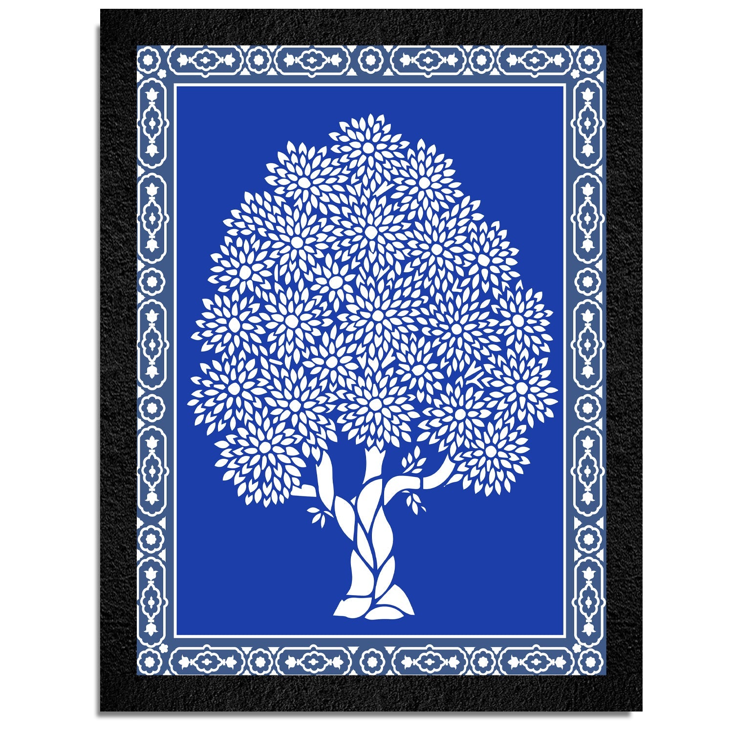 A framed blue Warli Art painting of a tree by DSF Wall Art.
