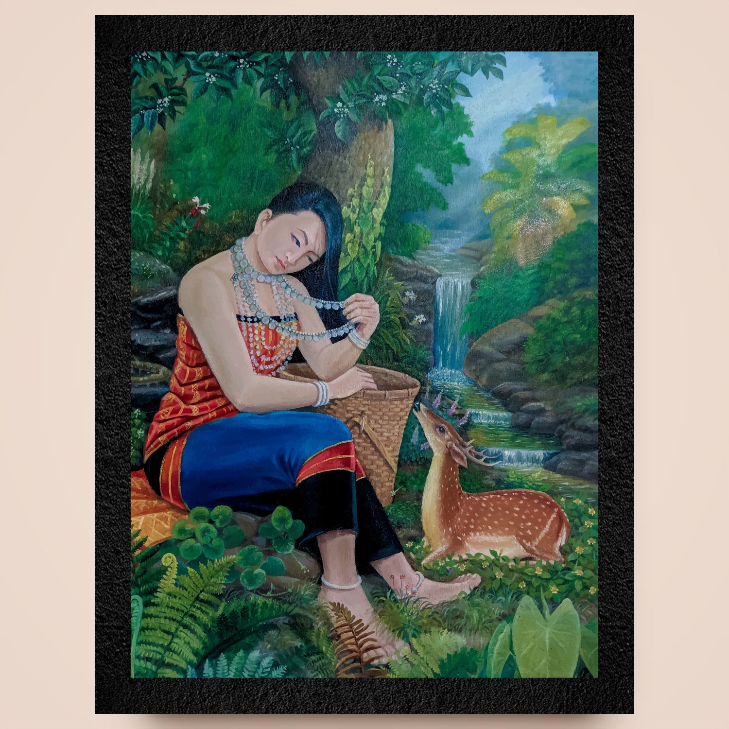A traditional framed wall art painting of an Indian girl and a deer by DSF Wall Art.