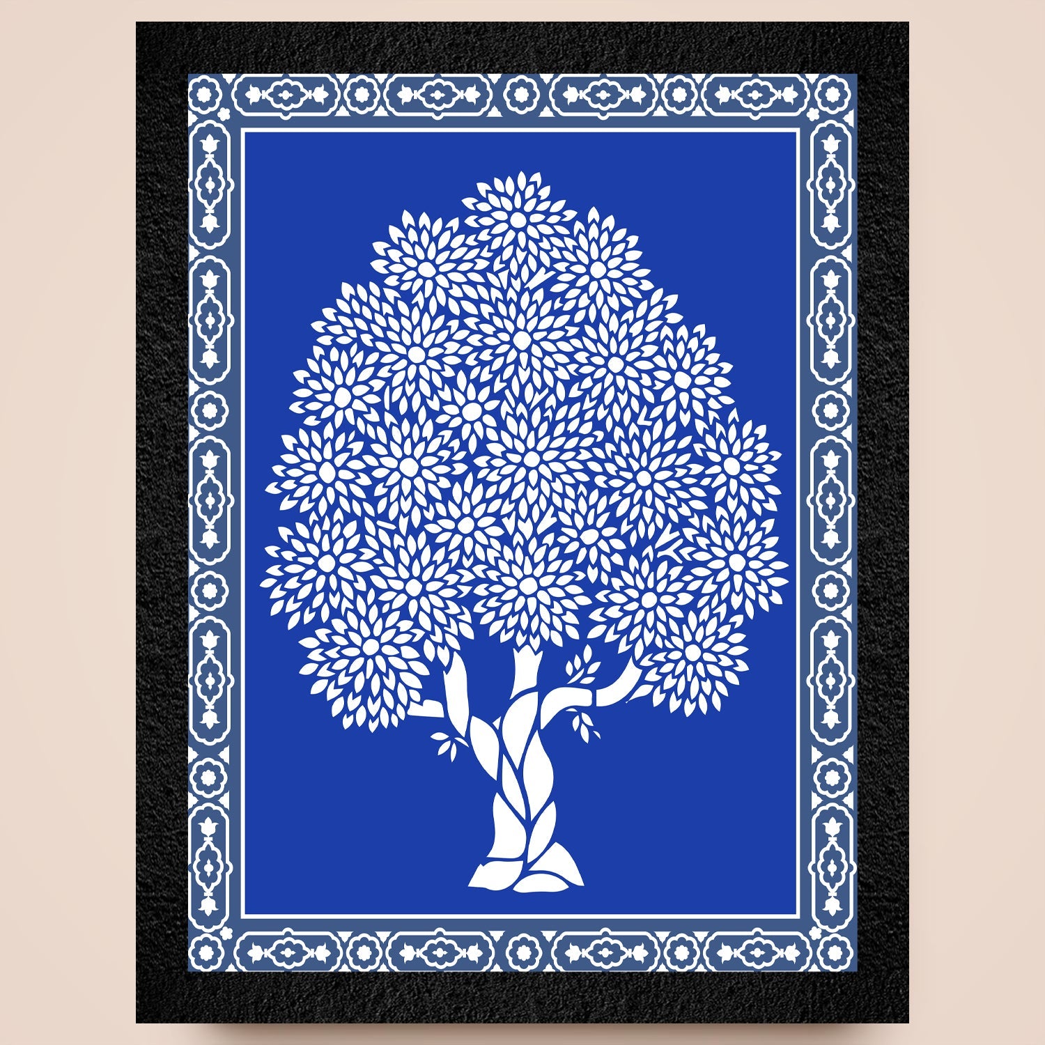 A framed blue Warli Art painting of a tree by DSF Wall Art.