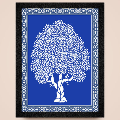 A framed blue Warli Art painting of a tree by DSF Wall Art.