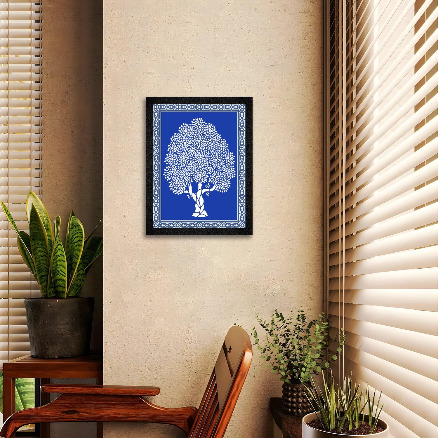 A framed blue Warli Art painting of a tree by DSF Wall Art.