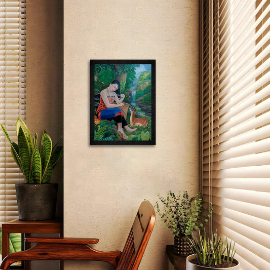 A traditional framed wall art painting of an Indian girl and a deer by DSF Wall Art.