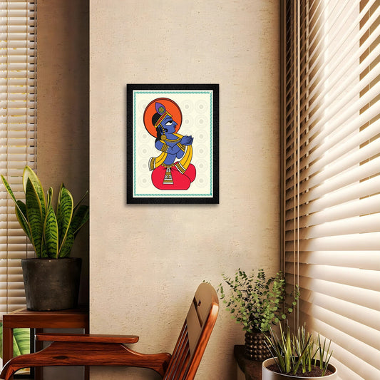 A traditional framed painting of a seated Lord Krishna by DSF Wall Art.