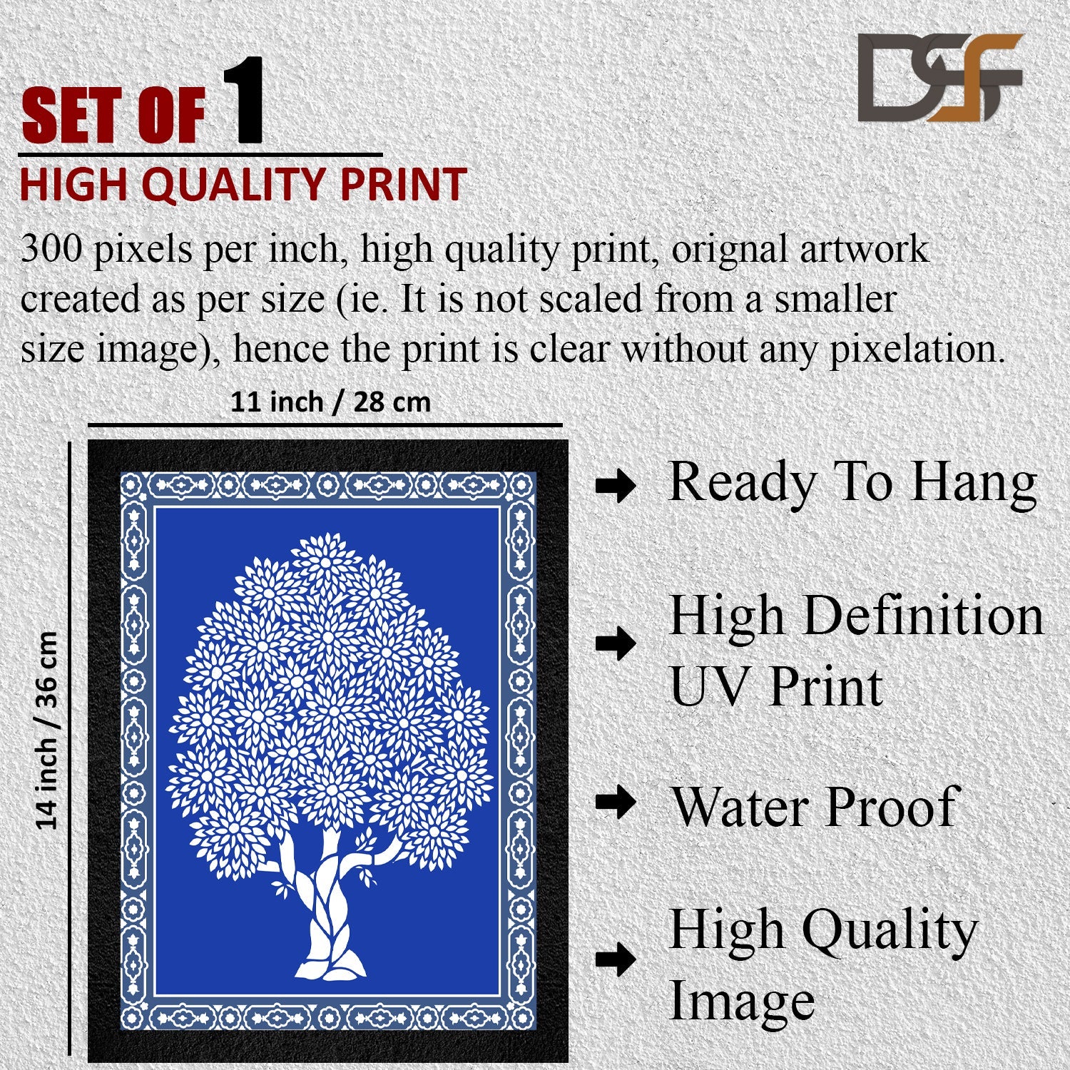 A framed blue Warli Art painting of a tree by DSF Wall Art.