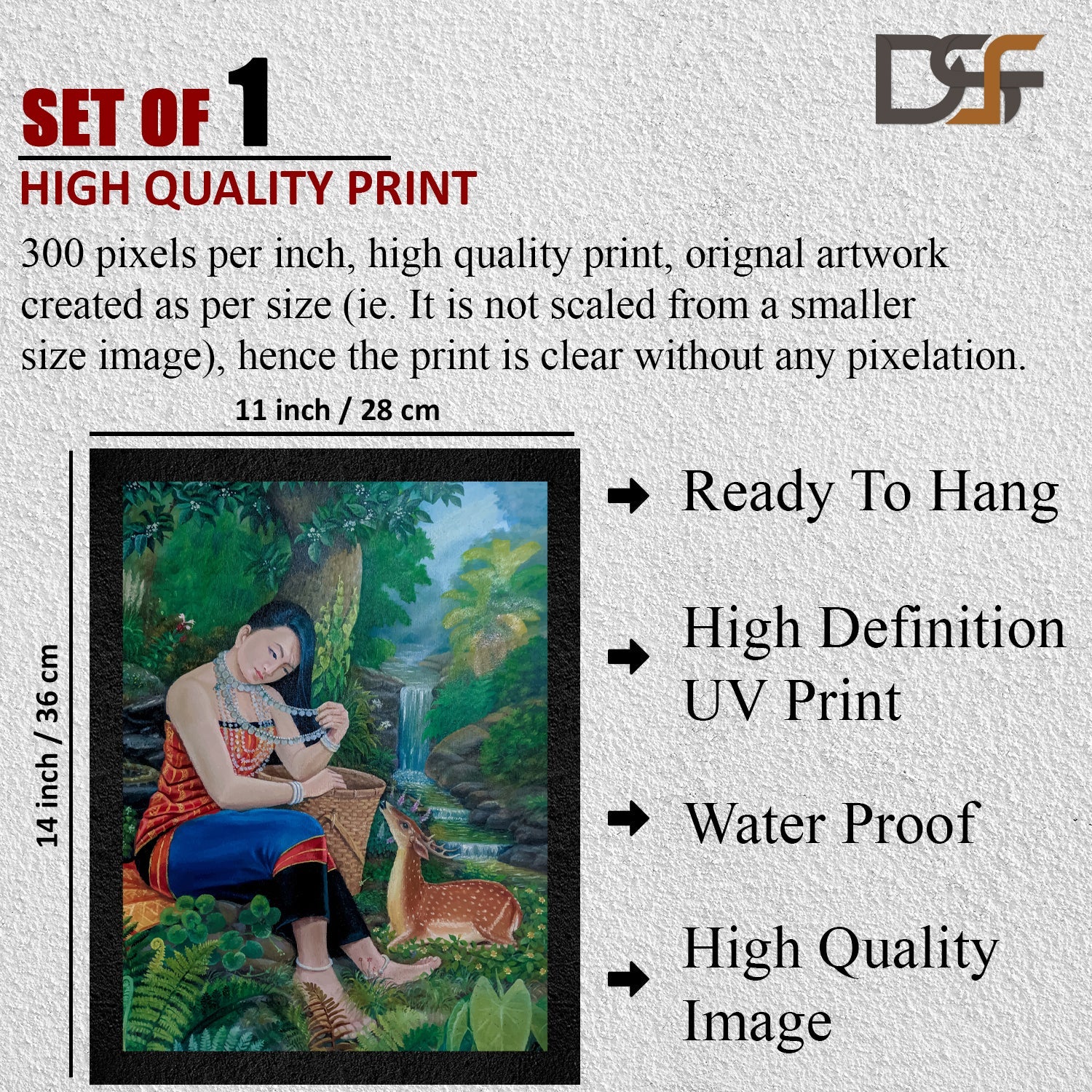 A traditional framed wall art painting of an Indian girl and a deer by DSF Wall Art.