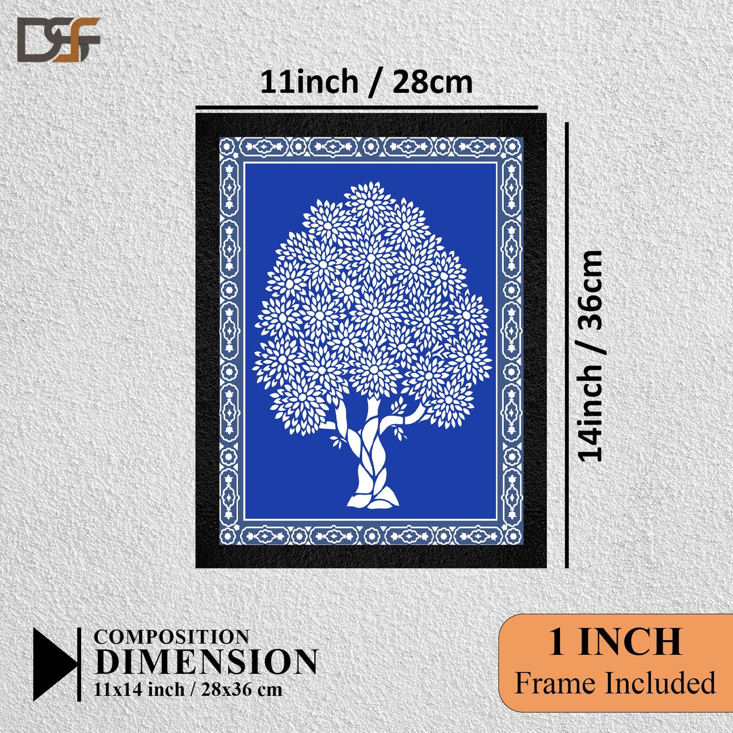 A framed blue Warli Art painting of a tree by DSF Wall Art.