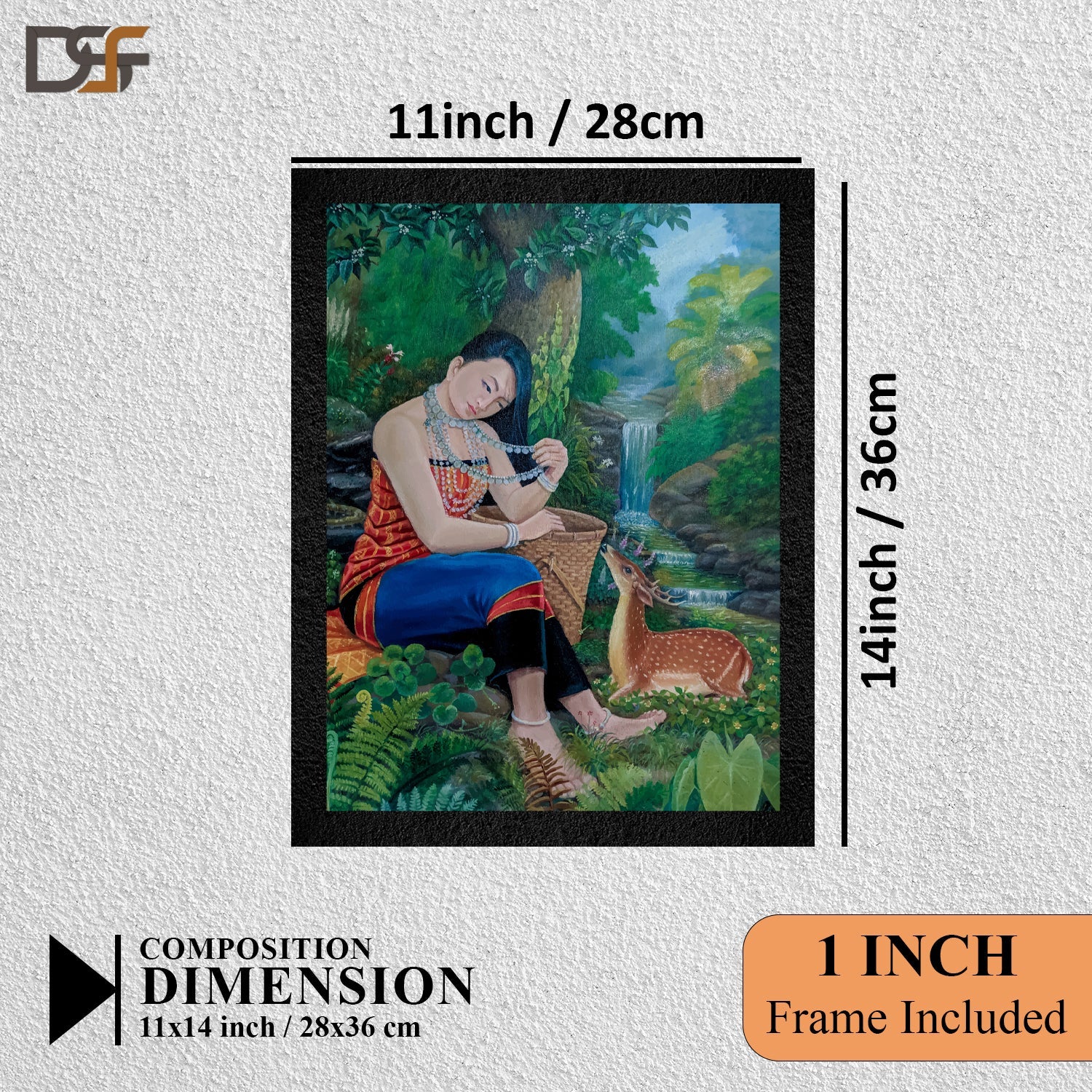 A traditional framed wall art painting of an Indian girl and a deer by DSF Wall Art.