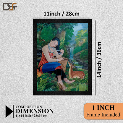 A traditional framed wall art painting of an Indian girl and a deer by DSF Wall Art.